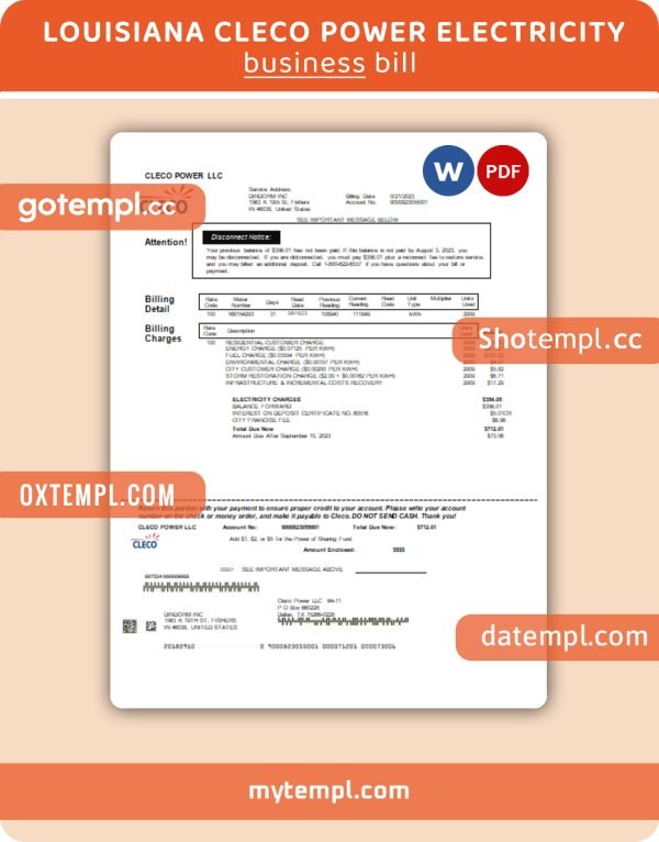 Louisiana Cleco Power electricity business utility bill, Word and PDF template, 2 pages