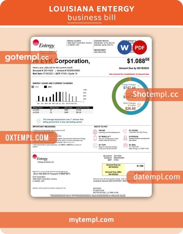 Louisiana Entergy business utility bill, Word and PDF template