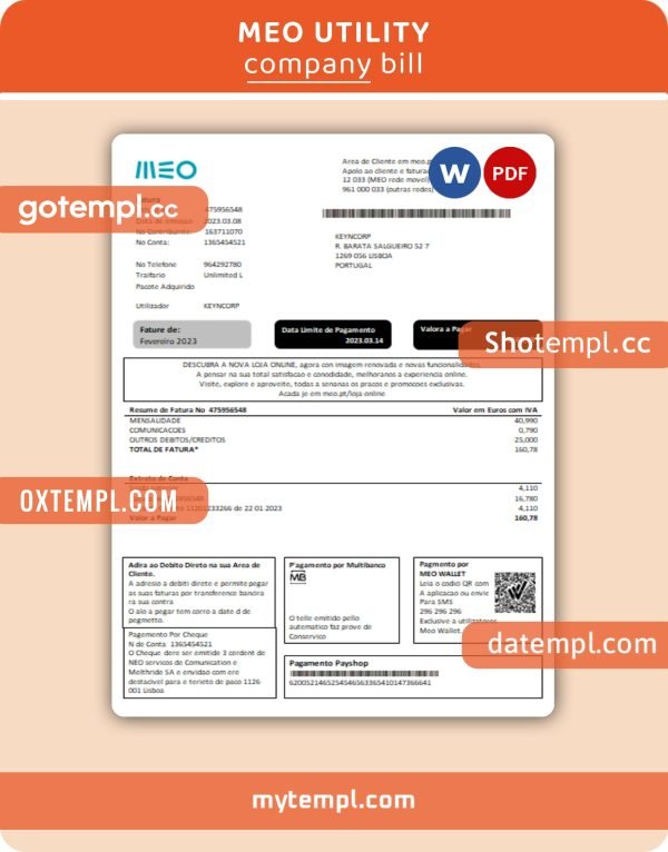 Meo business utility bill, Word and PDF template