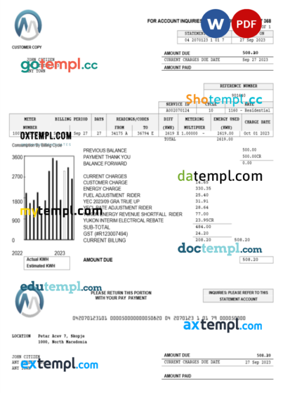 Macedonia MGI Energetika utility bill Word and PDF template