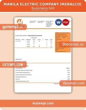 Manila Electric Company (Meralco) electricity business utility bill,PDF and WORD template