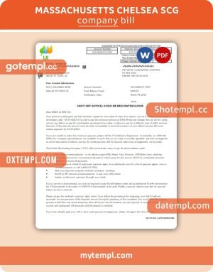Massachusetts Chelsea SCG The United Illuminating Company shut off notice business bill, Word and PDF template