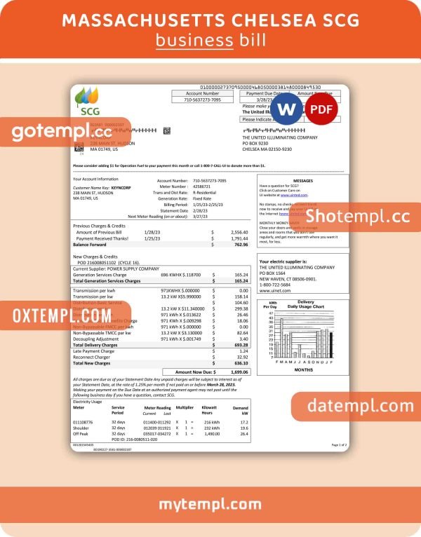 Massachusetts Chelsea SCG The United Illuminating Company business utility bill, Word and PDF template