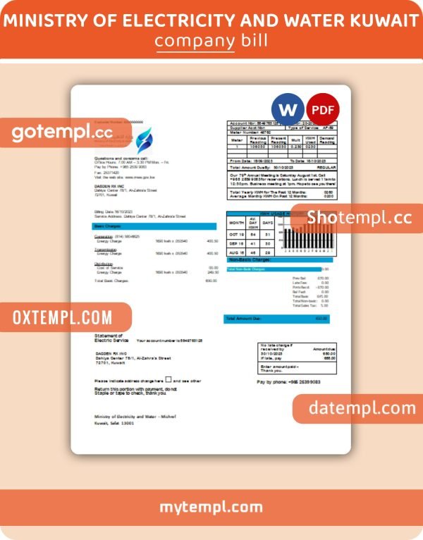 Ministry of Electricity and Water Kuwait business utility bill, PDF and WORD template