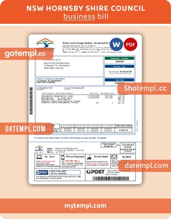 NSW Hornsby Shire Council  utility business bill PDF and WORD template