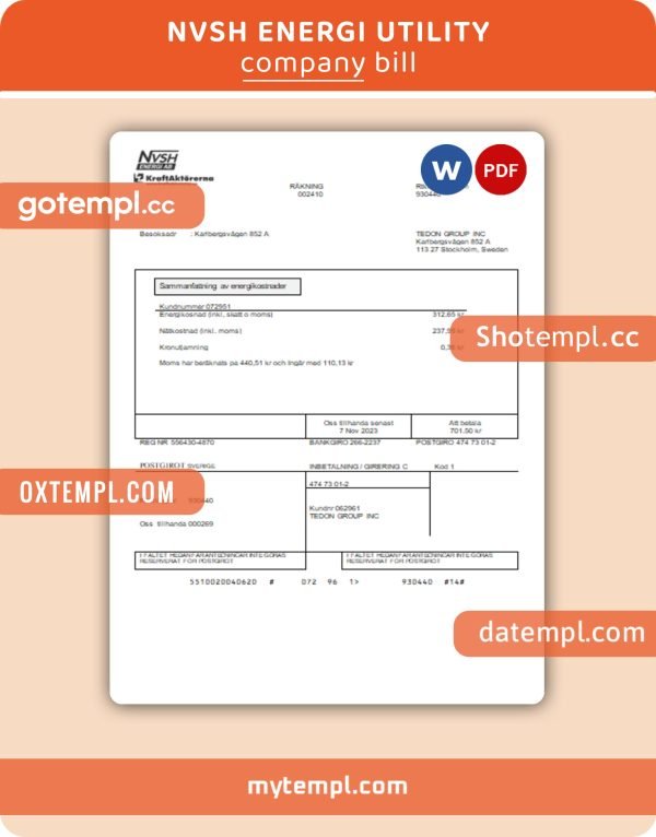 Nvsh Energi business utility bill template, Word and PDF template, 2 pages