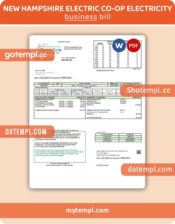 New Hampshire Electric Co-op electricity business utility bill, Word and PDF template