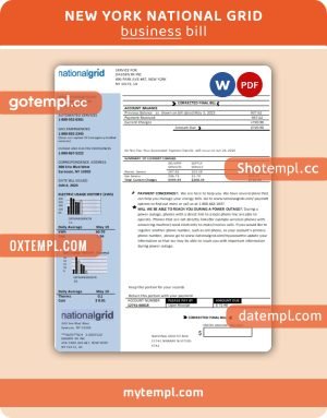 New York National Grid business utility bill, Word and PDF template