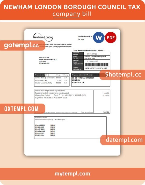 Newham London Borough Council tax business bill utility, Word and PDF template