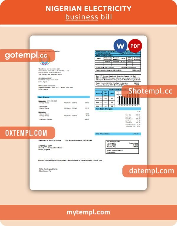 Nigerian Electricity Regulatory Commission electricity business utility bill, Word and PDF template