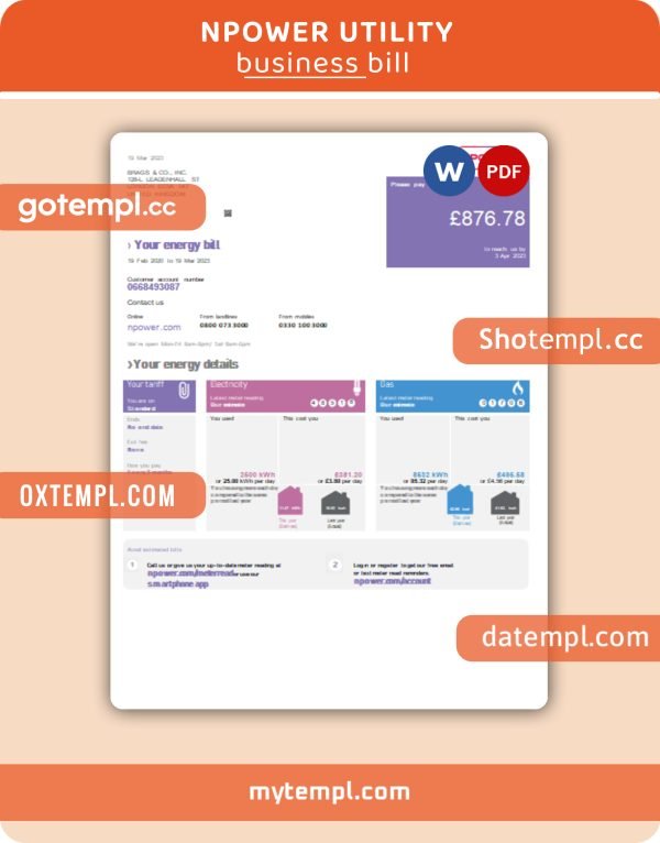 Npower business utility bill, Word and PDF template, 2 pages