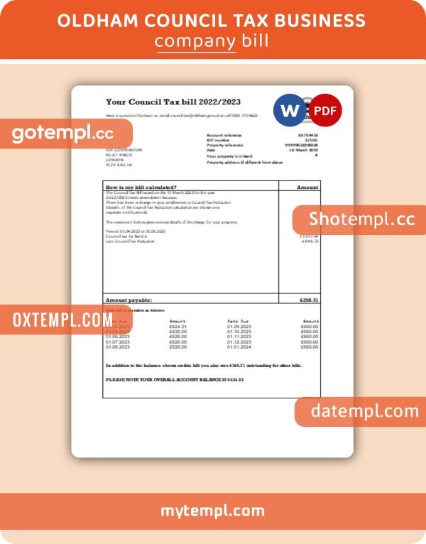 Oldham council tax business bill, Word and PDF template