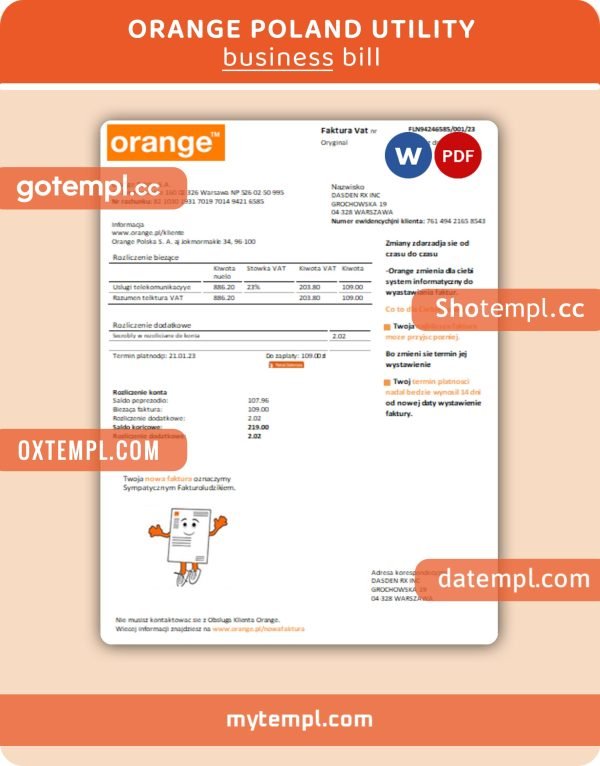 Orange Poland business utility bill, Word and PDF template