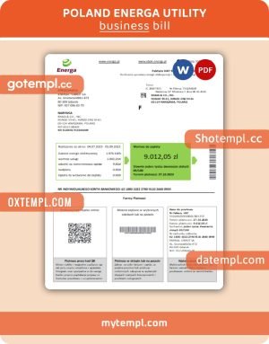 Poland Energa business utility bill, Word and PDF template