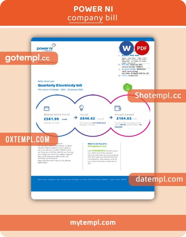 Power NI business utility bill, Word and PDF template