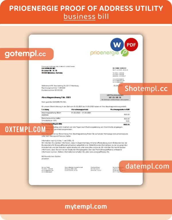 Prioenergie business utility bill, Word and PDF template