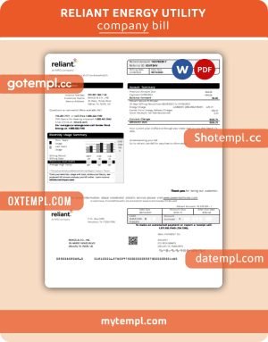 Reliant Energy business utility bill, Word and PDF template