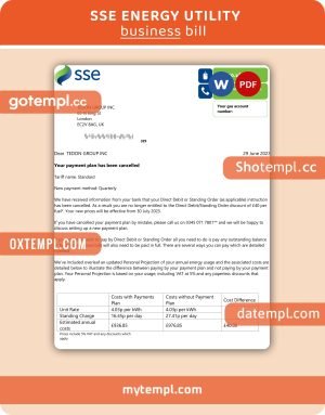 SSE Energy business utility bill, Word and PDF template