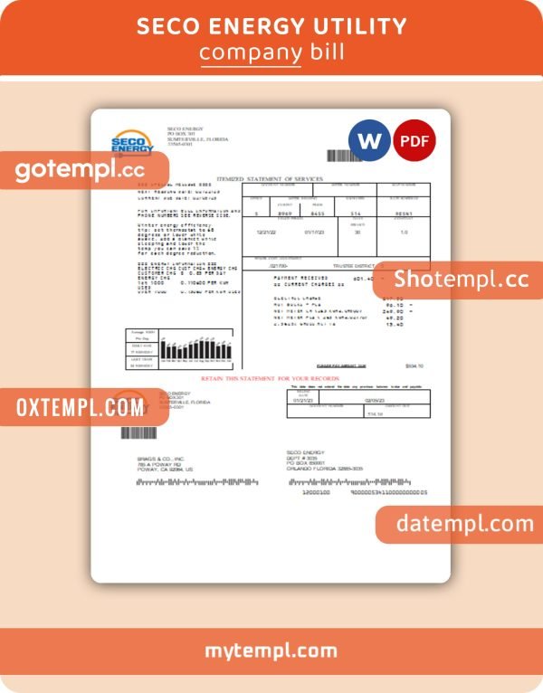 Seco Energy business utility bill, Word and PDF template