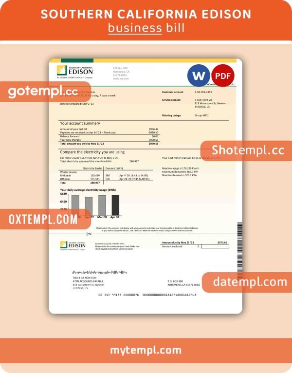 Southern California Edison business utility bill, PDF and WORD template