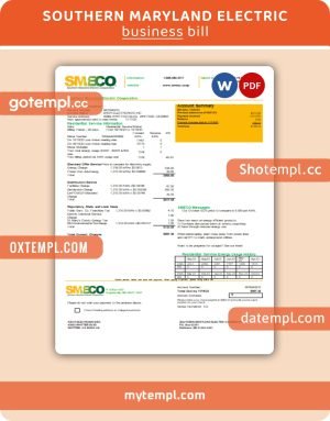 Southern Maryland Electric Cooperative-SMECO utility business bill, Word and PDF template, 4 pages