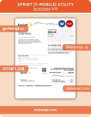 Sprint (T-Mobile) business utility bill, Word and PDF template
