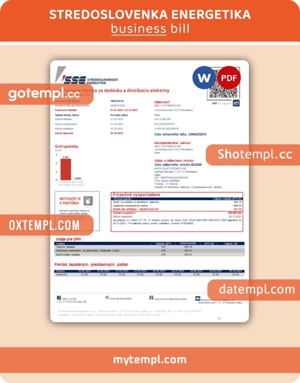 Stredoslovenka Energetika business utility bill, PDF and WORD template