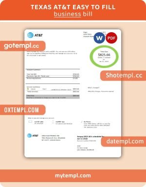 Texas AT&T easy to fill business utility bill, Word and PDF template
