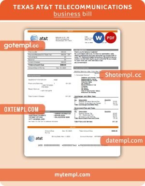 Texas AT&T telecommunications business utility bill, Word and PDF template