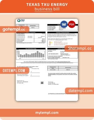 Texas TXU Energy business utility bill, Word and PDF template