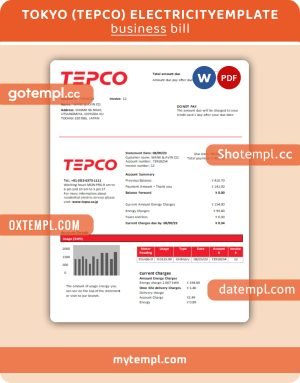 Tokyo Electric Power Company (TEPCO) business utility bill, Word and PDF template