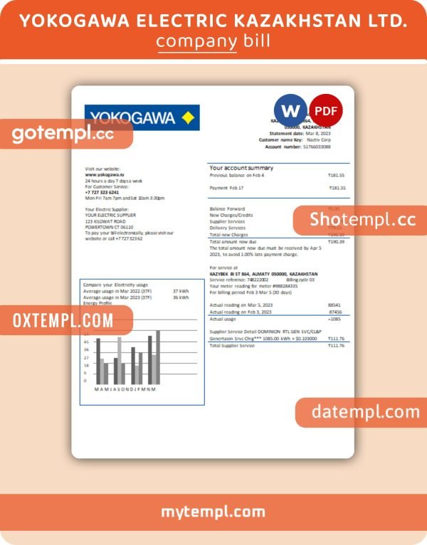 Yokogawa Electric Kazakhstan Ltd. business utility bill, Word and PDF template