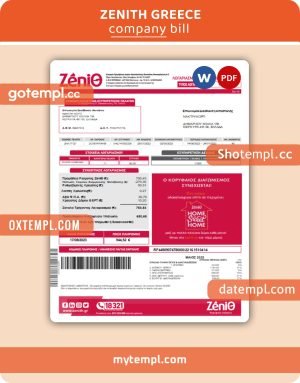 Zenith Greece business utility bill, Word and PDF template