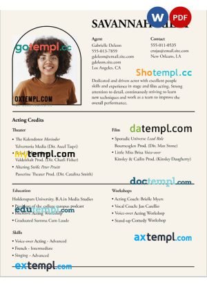 acting coach resume Word and PDF download template