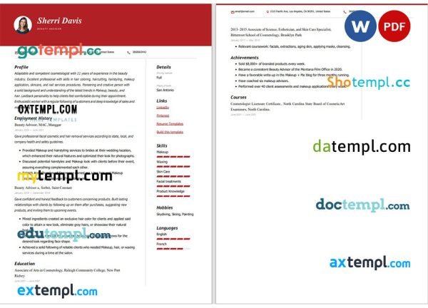 beauty advisor resume Word and PDF download template
