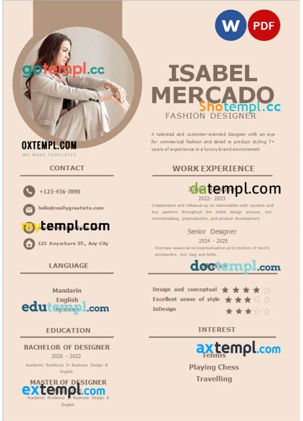 beige brown fashion designer resume Word and PDF download template