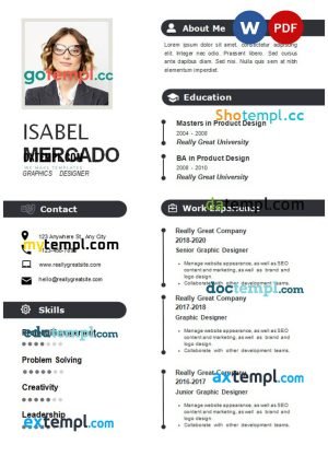 black & white graphic designer resume Word and PDF download template