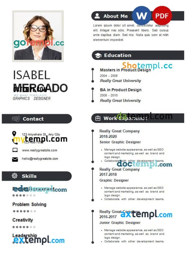 black & white graphic designer resume Word and PDF download template