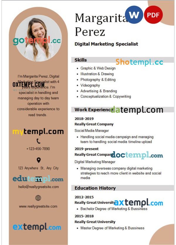 brown digital marketing resume Word and PDF download template