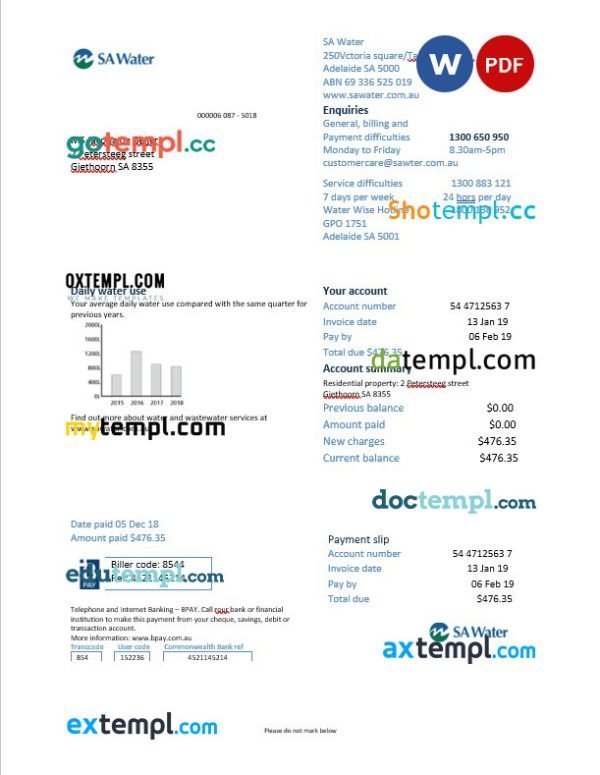 Netherlands SA water utility bill Word and PDF template