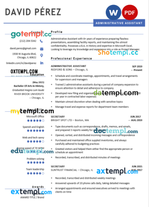 free administrative assistant blue resume Word and PDF download template