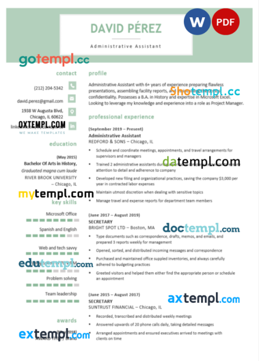 free administrative assistant creative resume Word and PDF download template