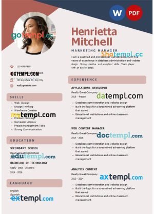 cream blue aesthetic marketing manager resume Word and PDF download template