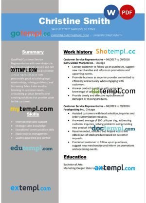customer serivce representative resume Word and PDF download template