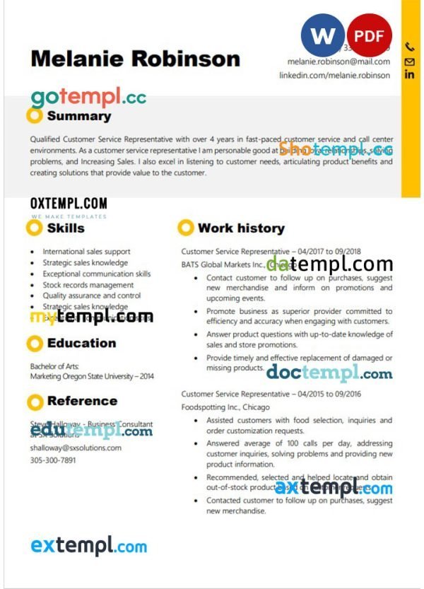customer support resume Word and PDF download template