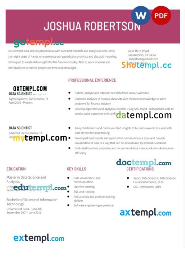 data scientist resume Word and PDF download template