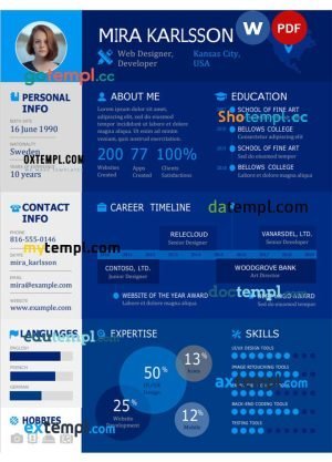 developer blue resume Word and PDF download template