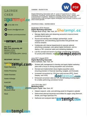 digital marketing specialist modern resume Word and PDF download template