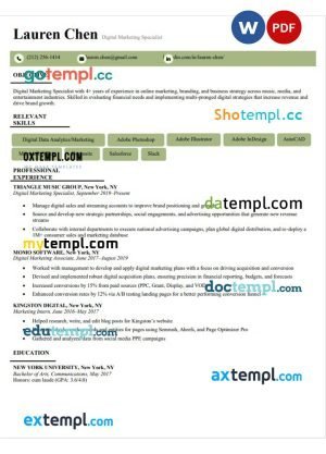 digital marketing specialist new resume Word and PDF download template