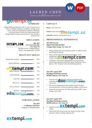 digital marketing specialist resume Word and PDF download template